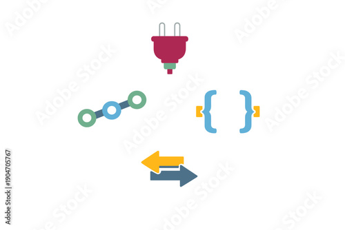 Graphic showing symbols of technology including a plug, chain link, brackets, and arrows indicating movement, representing concepts in engineering and programming