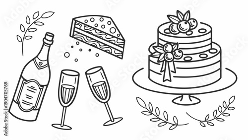 Hand drawn wedding celebration set with champagne bottle, glasses, and tiered cake
