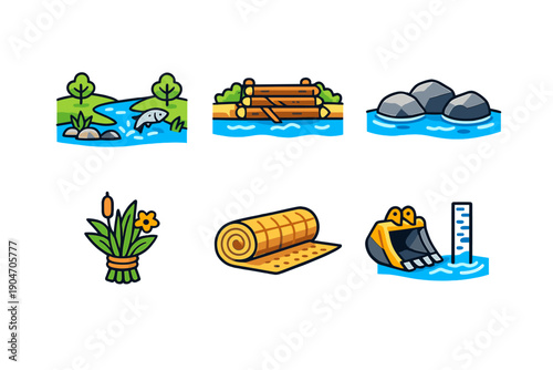 Colorful illustrations of outdoor scenes featuring a river, bridge, stones, and activities related to nature in a simple and clear style