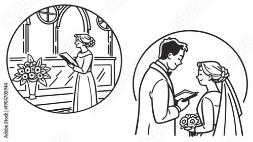 A set of two illustrations showing a woman reading in a church and a couple's wedding vows.