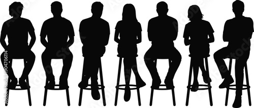 People sitting on stools silhouette set, men and women casual poses concept, black human shadow figures isolated on white background