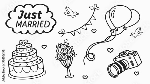 Collection of hand-drawn wedding icons including cake, camera, and balloons for celebration.