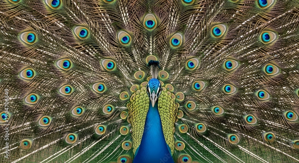 Obraz premium Male Peacock Opening Colorful Feather Fan Front View