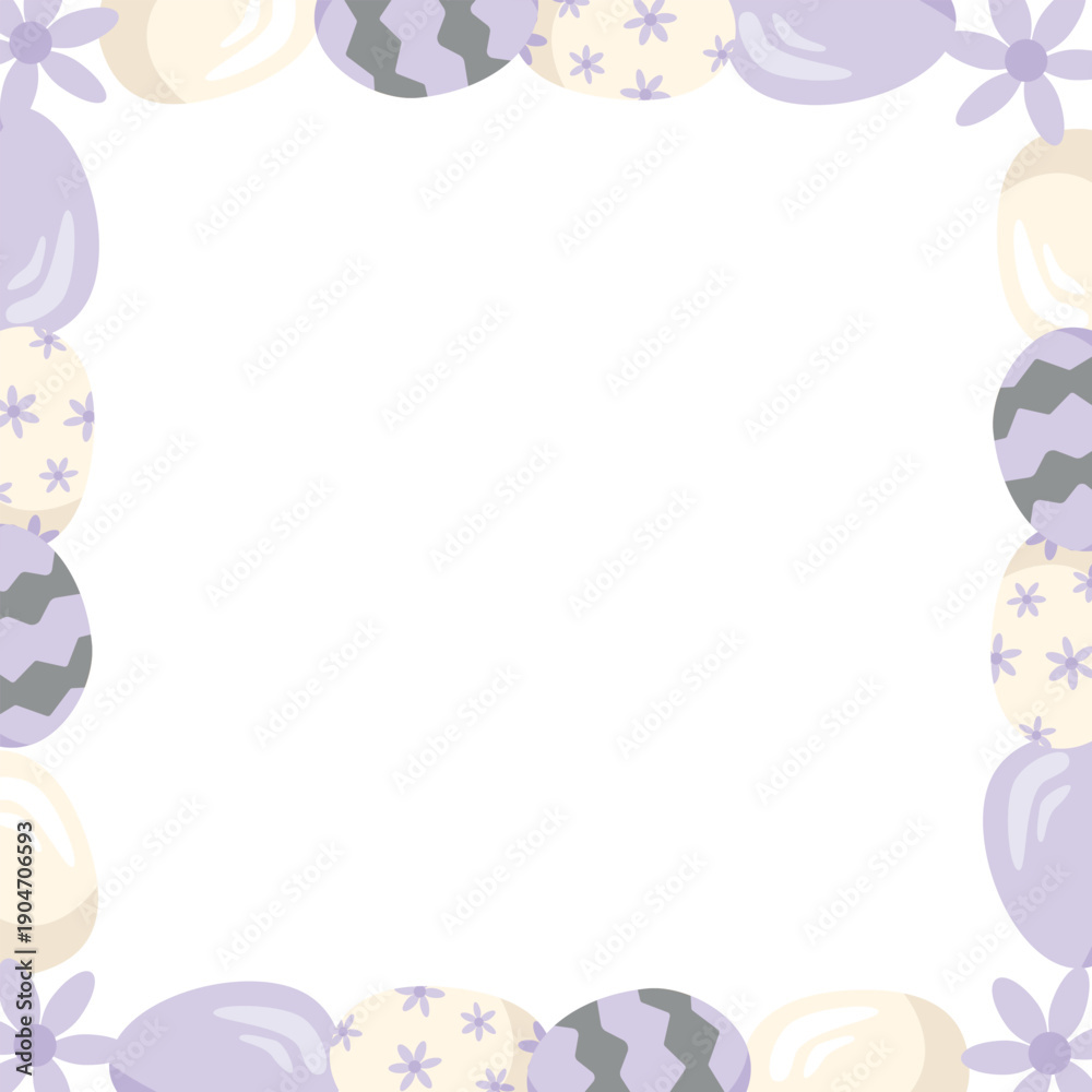 Obraz premium A square frame with purple Easter eggs and flowers. Vector illustration of Easter eggs with a geometric and floral pattern. Copy space. Perfect for Easter-themed designs.