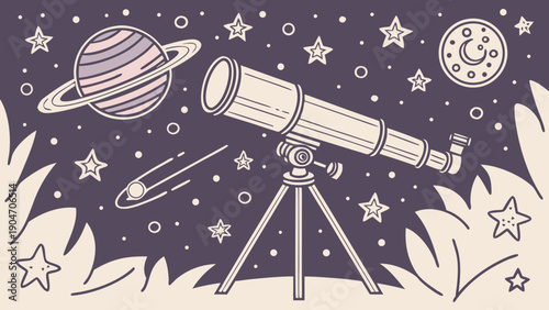 Hand drawn sketch of a telescope on a tripod pointing towards a starry night sky with planets and a comet.