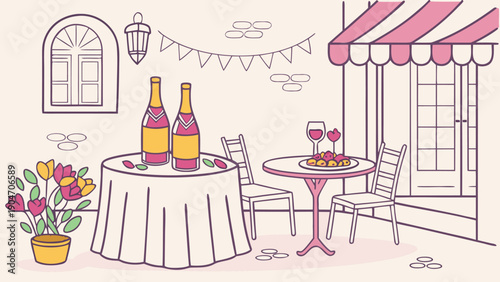 Hand drawn illustration of a charming outdoor terrace with wine bottles and a cafe table