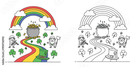 St. Patrick's Day rainbow with pot of gold and leprechauns. Vector illustration with color and outline versions for coloring book.