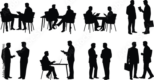 Business people silhouette set meeting and discussion concept, corporate teamwork negotiation interview scenes, black shadow figures isolated on white