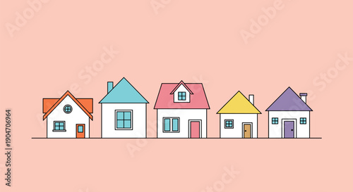 “Minimal Colorful Houses Row in Flat Style, Cute Residential Neighborhood Illustration, isolated on a transparent background”