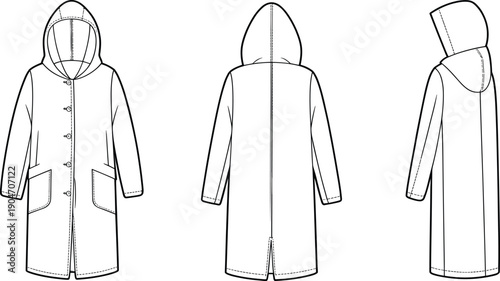 Women hooded long coat technical fashion sketch front back side view vector outline illustration for outerwear apparel design template