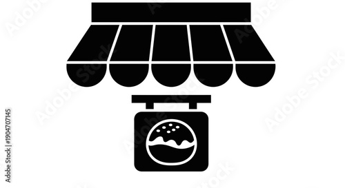 Simple black and white graphic of a storefront with a sign.