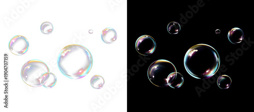Dense transparent soap bubbles of different sizes with varied iridescent shades on split background.