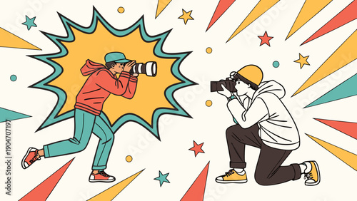 Two photographers in casual clothing taking pictures of each other in a colorful comic style