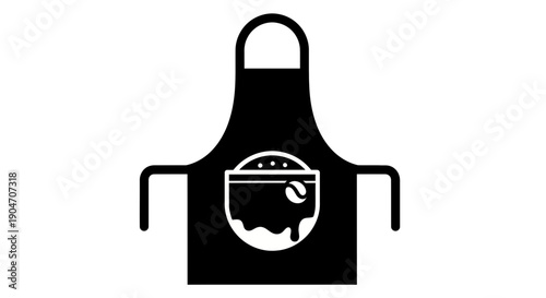 Black apron with a cooking pot and ladle graphic design.