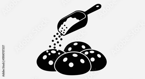 Black and white illustration of a scoop pouring powder over chocolate chip cookies.