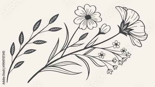 Hand drawn botanical sketch of wildflowers and leaves on a vintage cream background