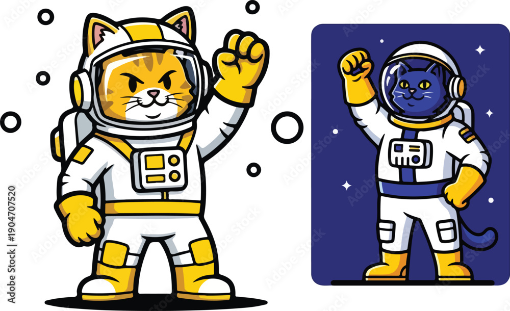 Naklejka premium Adorable cartoon astronaut cat mascot character enthusiastically raising a fist in a gesture of victory on transparent background