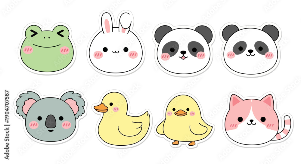 Fototapeta premium Cute cartoon animal stickers set frog rabbit panda koala duck chick cat