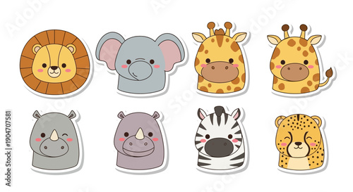 Cartoon animal heads set lion elephant giraffe rhino zebra cheetah illustrations