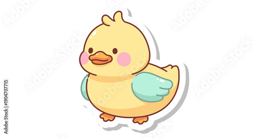 Cartoon yellow duckling with peach cheeks and soft blue wings illustration