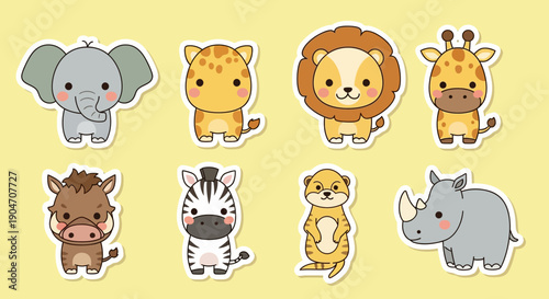 Cartoon animals collection elephant giraffe zebra lion rhino meerkat isolated