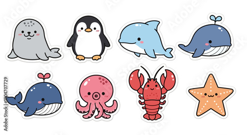 Cartoon sea animal collection featuring seal penguin dolphin whale octopus lobster starfish