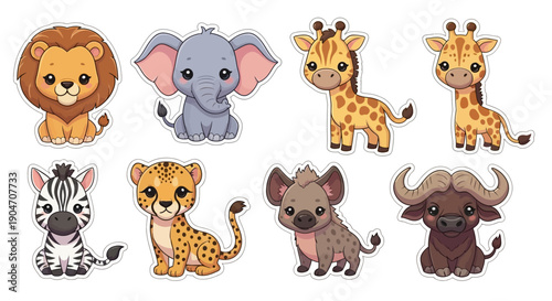 Cartoon safari animals elephant lion giraffe zebra cheetah and buffalo
