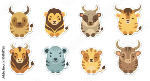 Cartoon animal stickers set featuring various bulls and a lion character