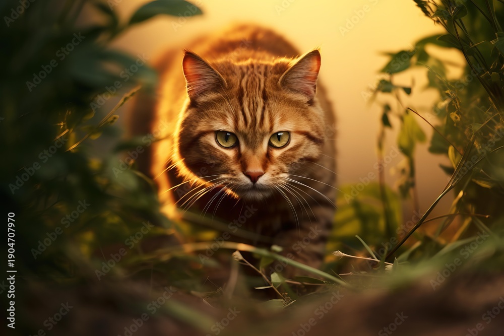 Naklejka premium Ginger tabby cat with intense eyes focused on prey, moving through green foliage at sunset