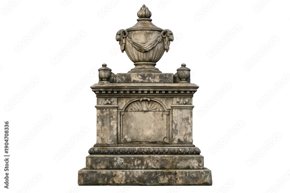 Obraz premium Ornate stone urn on a classical pedestal, an old architectural garden decoration with transparent background