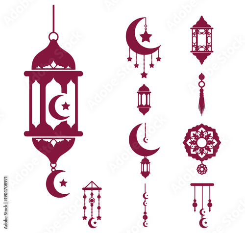 Ramadan Kareem decorations with lanterns and crescent moons on white background