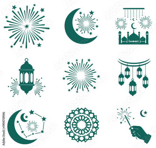Ramadan Kareem eid al fitr islamic holiday symbols and icons set with mosque lanterns fireworks crescent moon and stars  isolated on white background