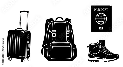 Travel essentials including luggage, backpack, passport, and hiking boot