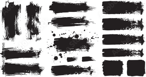 Set of grunge black ink brush strokes. Vector hand painted dry brush texture banners and paint splatter backgrounds
