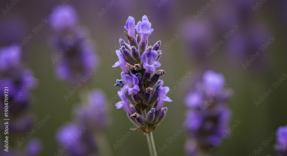 Fototapeta premium A Close-up Macro Shot of a Fragrant Lavender Flower in a Field with a Soft Bokeh Background
