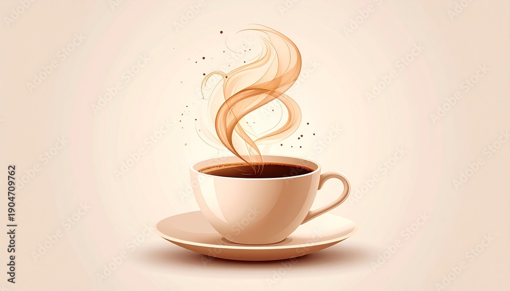 Obraz premium Steaming hot coffee cup with swirling aroma on a light background. Freshly brewed delicious warm beverage illustration.