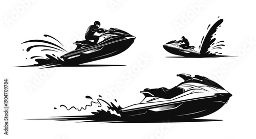 Jet ski riders speeding across water in dynamic black and white