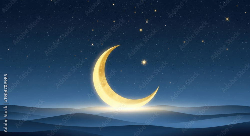 Fototapeta premium Crescent moon in starry night sky with glowing light on dark blue wavy landscape for celestial and spiritual themes.