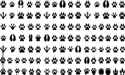 Animal paw print silhouette collection showing tracks of mammals birds and wildlife footprints isolated on white background nature vector illustration