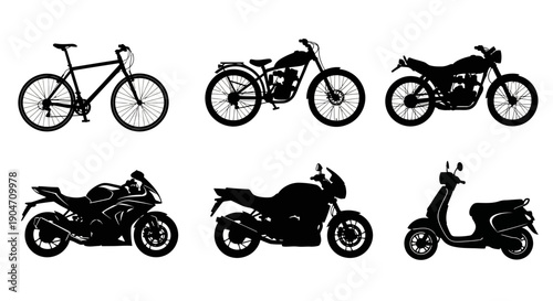 Silhouettes of various motorcycles and a bicycle on white background