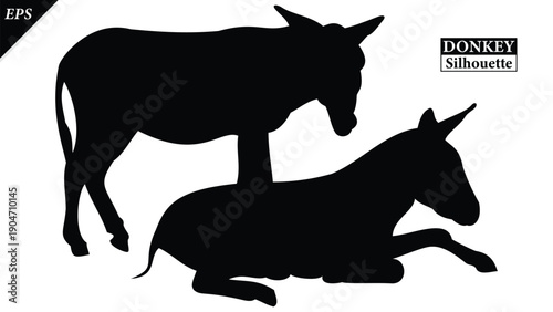 set of Silhouette of Donkey Animal Isolated on White Background, silhouette of a donkey on white, Simple donkey silhouette vector flat illustration, different poses, rural life, hard work, livestock,