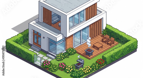 Modern Isometric House with Garden and Outdoor Living Space.