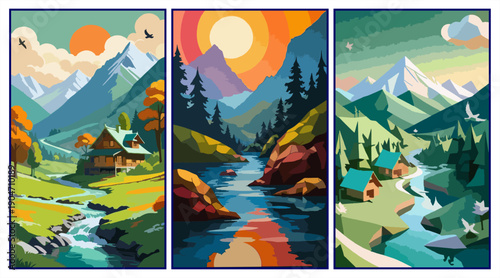 Mountain landscape triptych with river, pine forest, and cozy cabin in flat vector geometric style