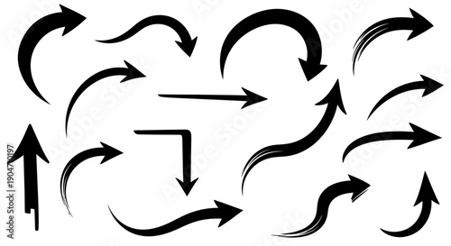 Collection of various black arrow designs on white background
