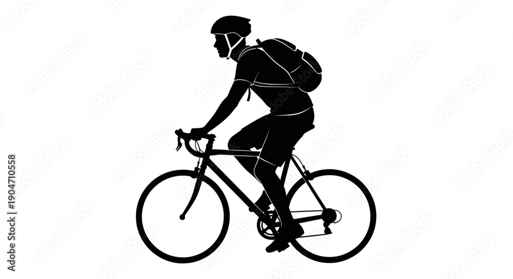Fototapeta premium Cyclist riding bike with backpack on white background