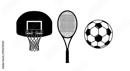 Black silhouettes of basketball hoop, tennis racket, and soccer ball