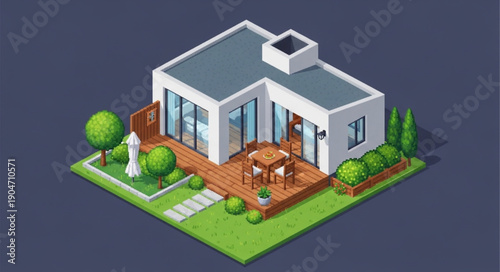 Modern Isometric House With Deck and Garden.