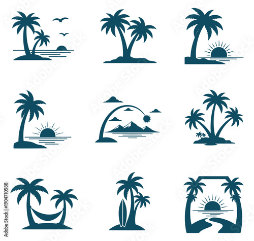Tropical palm tree silhouettes with island and beach scenes  various sunny landscapes