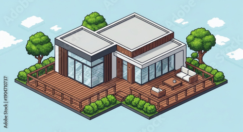 Modern Isometric House with Deck and Trees.