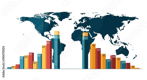 Global Data Distribution Infographic: World Map Background with Comparative Bar Chart Visualization for Business Analysis and Market Growth
